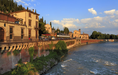 Naklejka premium Verona, Italy - historic city center - St. Peter hill and Castel with Archeological Museum and ancient Roman Theater at Adige river