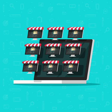 Marketplace online store vector illustration, flat cartoon internet multivendor shop on laptop computer with multi vendor stores, lots of on-line electronic shops on screen, ecommerce technology