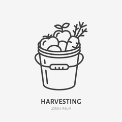 Vegetables in bucket flat line icon. Gardening, harvest sign. Thin linear logo for farm, agriculture.