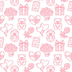 Valentines day seamless pattern. Love, romance flat line icons - hearts, chocolate, teddy bear, engagement ring, balloons, valentine card, red rose. Pink wallpaper for february 14 celebration.