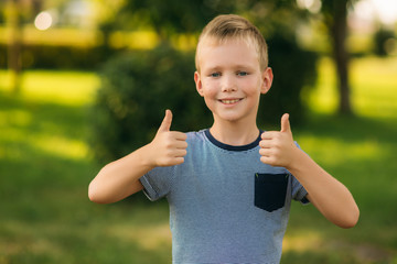 Handsome boy smiling and posing to the photographer. Joyful child walks the park. Sunny weather summer.