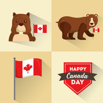 happy canada day flag beaver and bear banners vector illustration