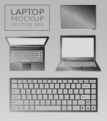 laptop flat mockup in front and top views. Minimal flat design for websites, business, marketing, advertising and commercial. Laptop icons on light background. Isolated keybord with black buttons.