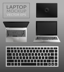 laptop flat mockup in front and top views. Minimal flat design for websites, business, marketing, advertising and commercial. Laptop icons on light background. Isolated keybord with black buttons.