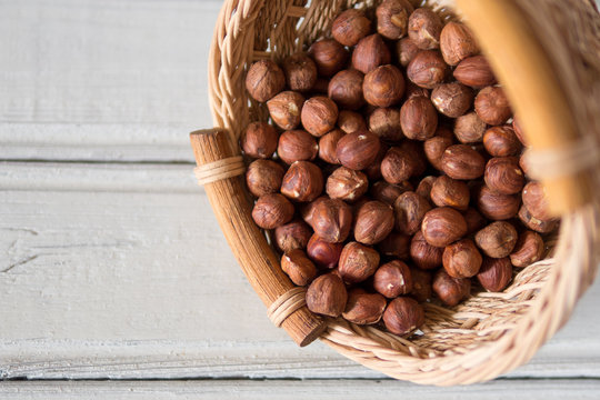 Lots of hazelnut nuts in the basket