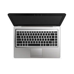 laptop flat mockup in top view. Minimal flat design for websites, business, marketing, and commercial. Portable computer icons on white background. Isolated laptop with black buttons and dark screen.