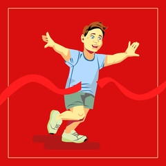 Flat vector illustration with boy running to red ribbon