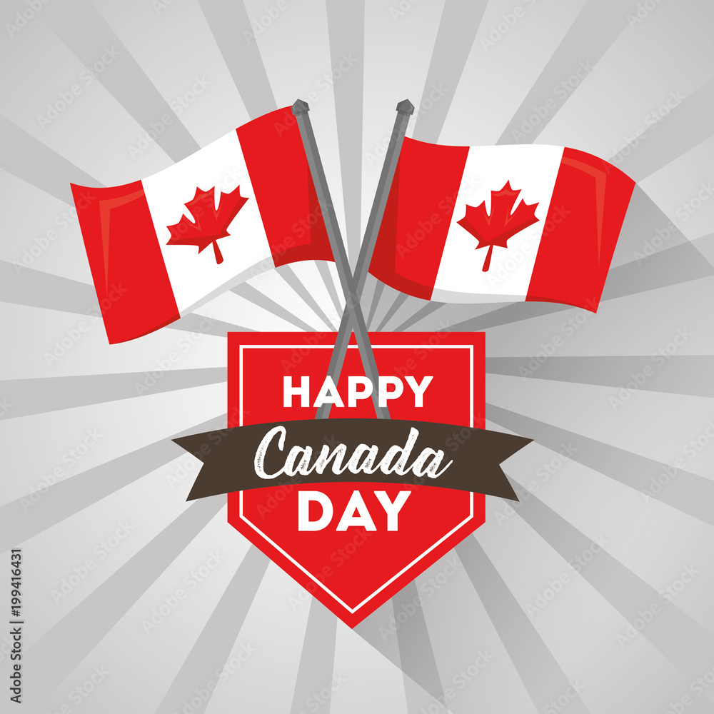 Poster happy canada day label flags crossed national celebration vector illustration