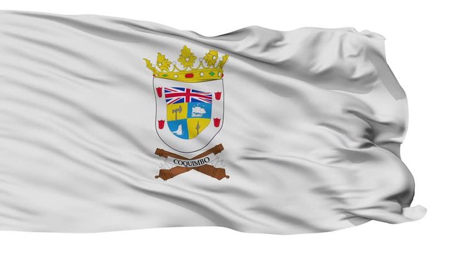 Coquimbo flag, city of Chile, realistic animation isolated on white seamless loop - 10 seconds long (alpha channel is included)