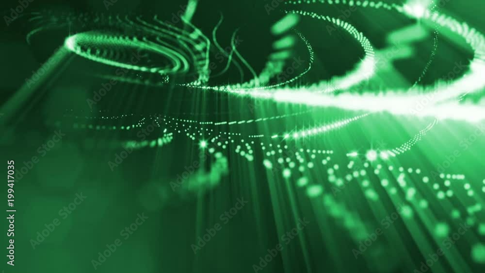 Poster virtual space with depth of field. looped holographic background with particles form lines, surfaces