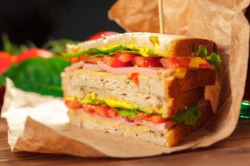 sandwich on a wooden table