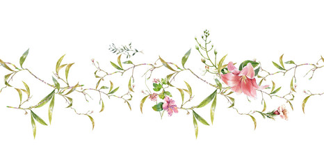 Watercolor painting of leaf and flowers, seamless pattern on white background