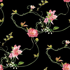 Watercolor painting of leaf and flowers, seamless pattern on dark background