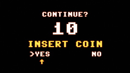 The request to insert a coin to continue playing (after a game over screen). 8-bit retro style, high glowing aura.
 - obrazy, fototapety, plakaty