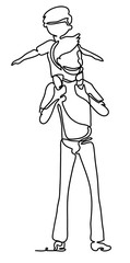 Small boy is sitting on his father's shoulders and pretending a plane during walk in the field. Continuous line drawing. Vector monochrome, drawing by lines. People in the Park. Family concept.