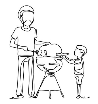 recommend clip art: Family having a barbecue party, father and son standing around the grill. Continuous line drawing. Vector monochrome, drawing by lines. Happiness in the Everyday