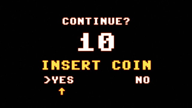 The request to insert a coin to continue playing (after a game over screen). 8-bit retro style, high glowing aura.
