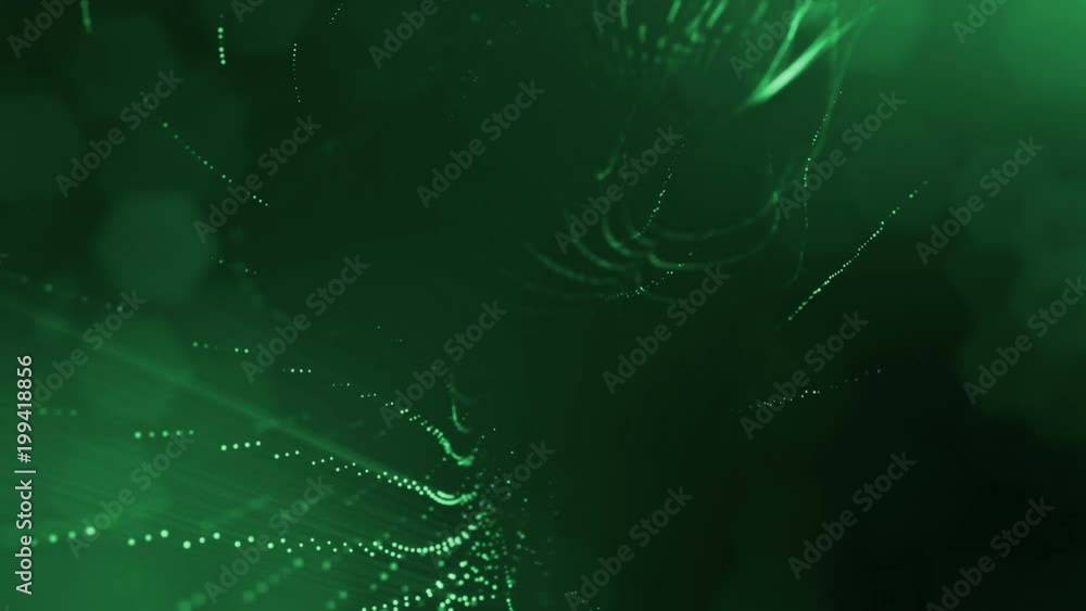 Poster virtual space with depth of field. looped holographic background with particles form lines, surfaces