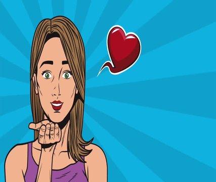 Pop art woman giving a kiss with heart High definition animation colorful scenes