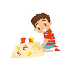Cute little boy sitting on his knees and painting with colorful handprints, education and child development concept vector Illustration on a white background