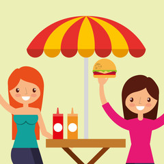 happy young woman sitting in wooden table picnic umbrella vector illustration
