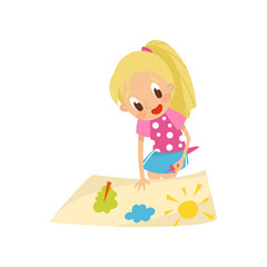 Lovely blonde little girl making paper application with glue, education and child development concept vector Illustration on a white background