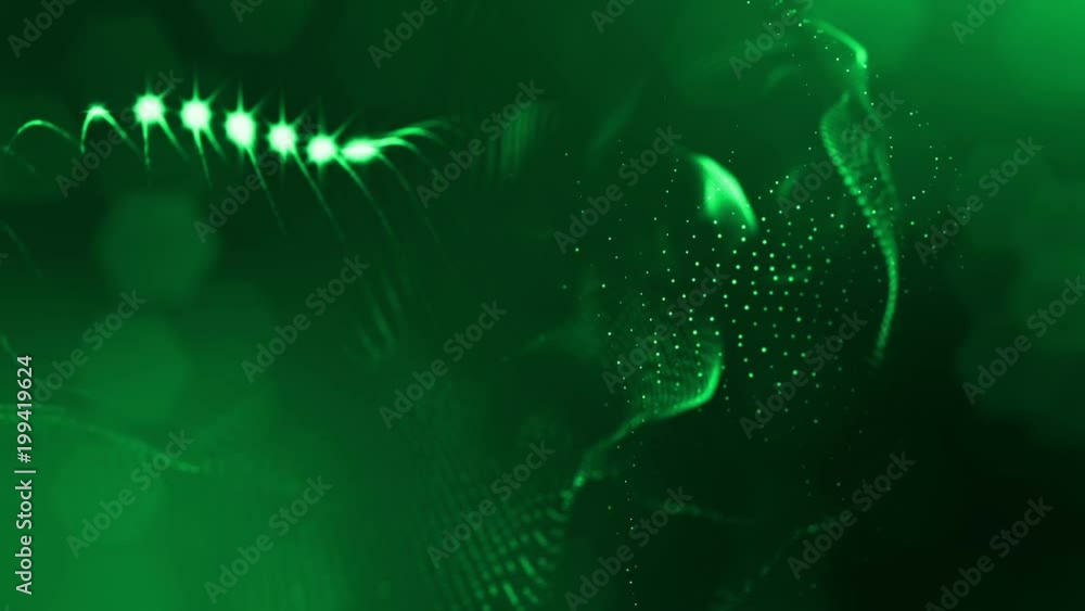 Poster virtual space with depth of field. looped holographic background with particles form lines, surfaces