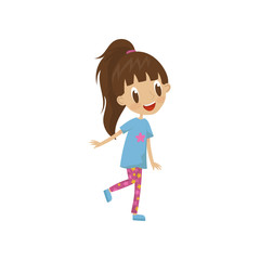 Beautiful cartoon girl character in leggings and tunic, cute kid in fashionable clothes vector Illustration on a white background