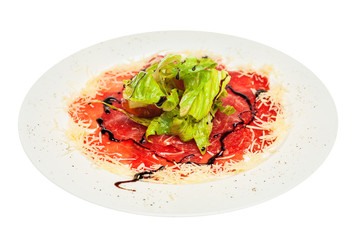 Carpaccio with parmesan on plate isolated on white background. Gourmet restaurant food