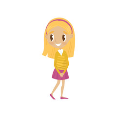Lovely blonde cartoon girl character in yellow jacket and pink skirt, cute kid in fashionable clothes vector Illustration on a white background