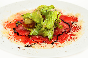 Beef carpaccio closeup. Gourmet restaurant food