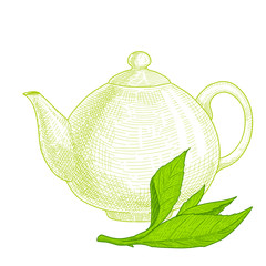 Teapot with tea and tea leaf.