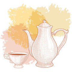 Teapot with black tea and tea cup on watercolor background.