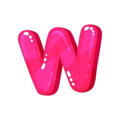 W magenta glossy bright English letter, kids font vector Illustration on a white background