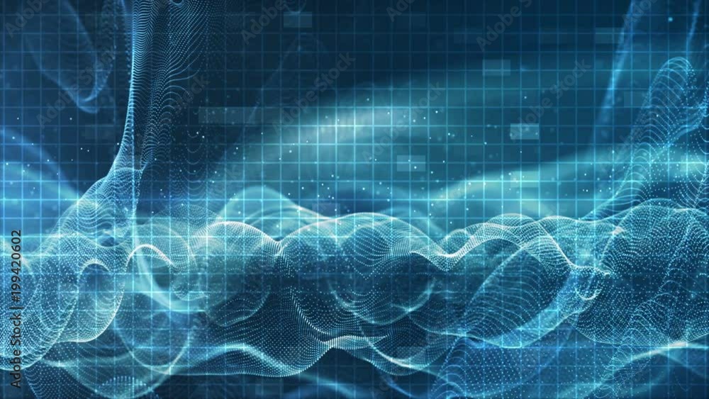 Poster abstract digital sparkling blue particles wave flow and dust for motion background