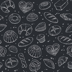 Hand drawn bread seamless pattern white on black. Bakery sketch style vector background. Doodle pasty tiled wallpaper.