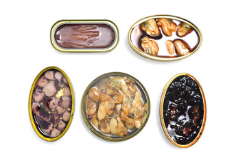 group fish and seafood on white background