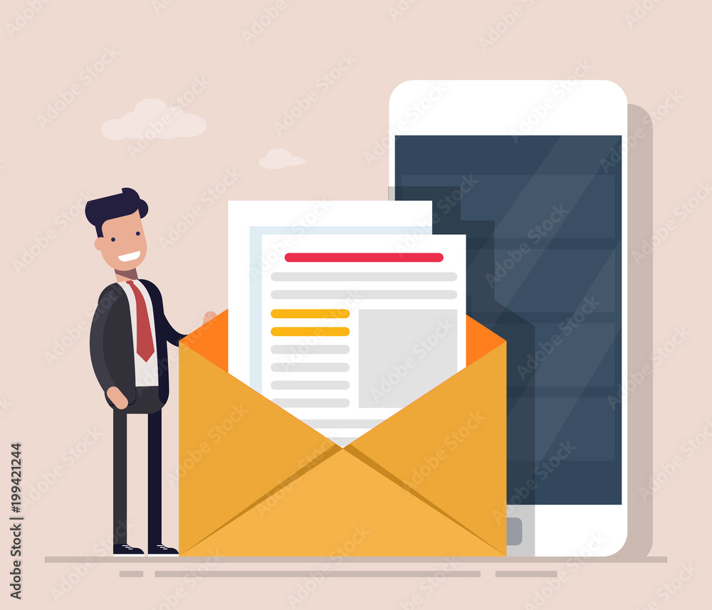 Poster happy businessman or manager on the background of an open letter with documents and a mobile phone. 