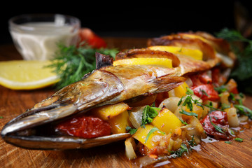 Baked mackerel with vegetables