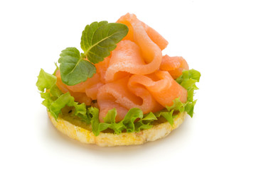 Bread with fresh salmon fillet isolated on white background, top view.
