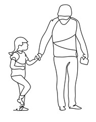 Father with his daughter. Happy family and father's day. Continuous line drawing. Vector monochrome, drawing by lines. People in the Park. Family concept. Happiness in the Everyday