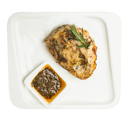 Chicken breast with cheese and rosemary herb isolated on white background, top view