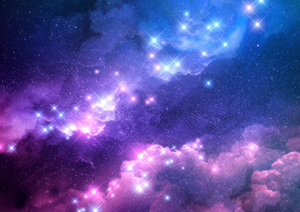Abstract pink and blue galaxy background filled with bright stars. Raster illustration.