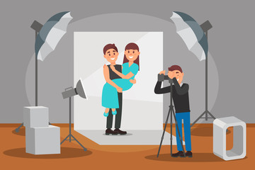 Happy couple in love posing at photo session, photographer making photos, photo studio interior with professional equipment vector Illustratio