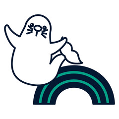 cute seal marine animal with rainbow vector illustration green design