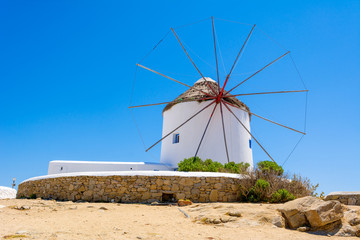 Famous traditional windmill on Mykonos island. The windmills can be seen from every point of the village of Mykonos. Greece