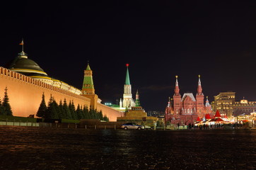 Moscow, Russia - January 10, 2018: Evening view of Red square, Moscow Kremlin and Historical Museum