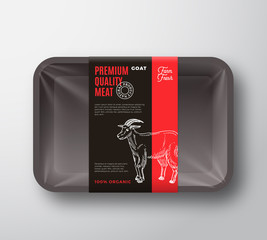 Premium Quality Goat Meat Packaging Design Layout with Label Stripe. Abstract Vector Food Plastic Tray Container with Cellophane Cover. Modern Typography and Hand Drawn Goat Silhouette.