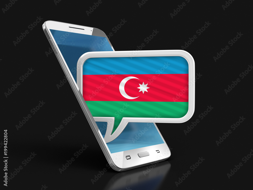 Poster touchscreen smartphone and speech bubble with azerbaijan flag. image with clipping path