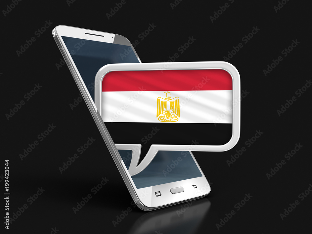 Poster touchscreen smartphone and speech bubble with egyptian flag. image with clipping path